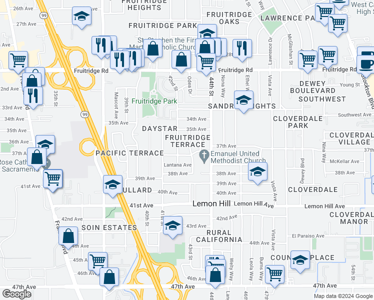 map of restaurants, bars, coffee shops, grocery stores, and more near 5832 Garibaldi Street in Sacramento