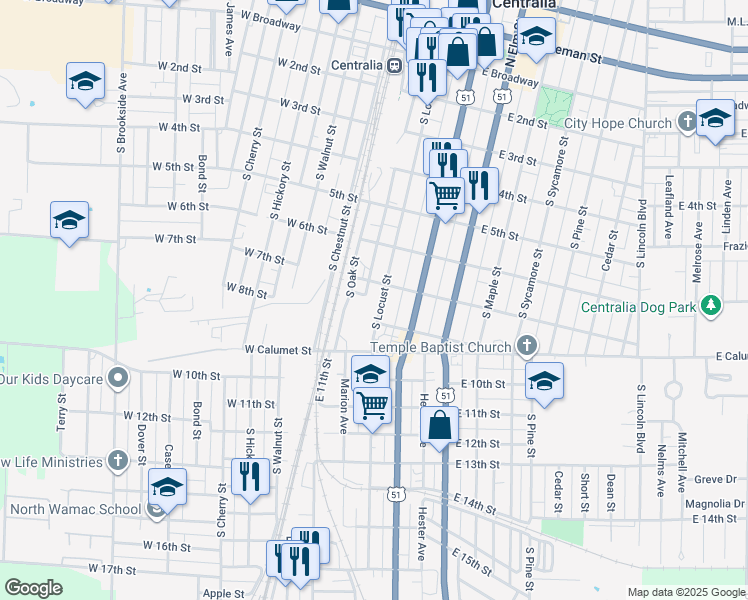 map of restaurants, bars, coffee shops, grocery stores, and more near 115 East 7th Street in Centralia