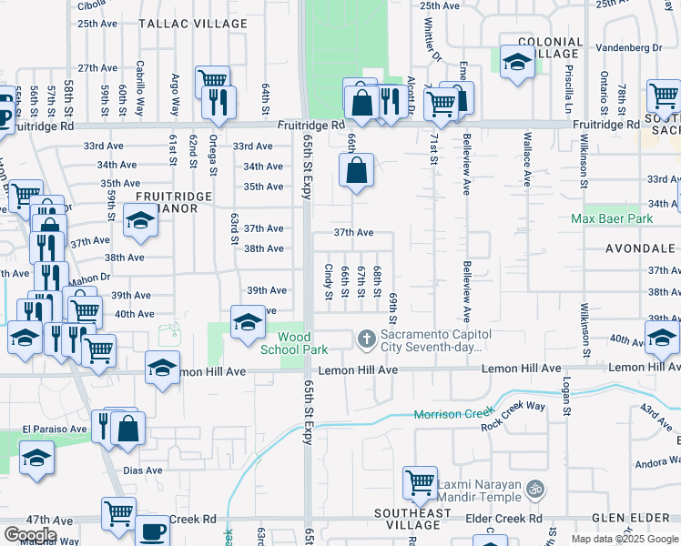 map of restaurants, bars, coffee shops, grocery stores, and more near 5848 Cindy Street in Sacramento