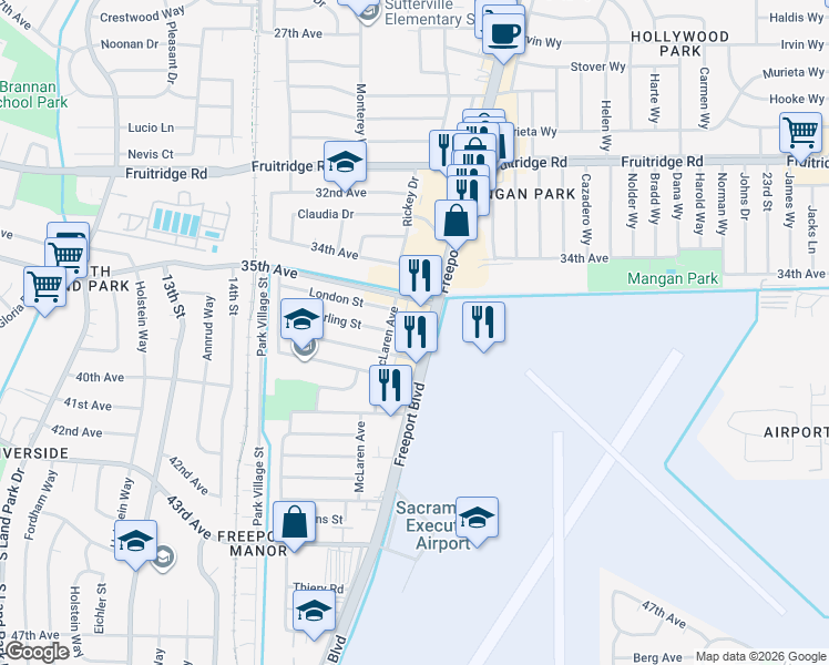 map of restaurants, bars, coffee shops, grocery stores, and more near 5819 McLaren Avenue in Sacramento