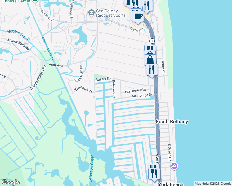 map of restaurants, bars, coffee shops, grocery stores, and more near 14 Cleveland Avenue in Bethany Beach
