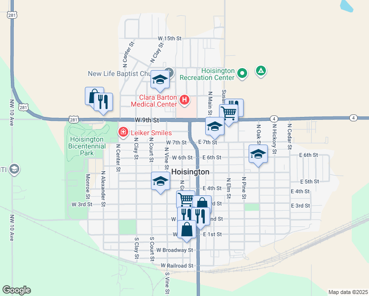 map of restaurants, bars, coffee shops, grocery stores, and more near N Main St in Hoisington