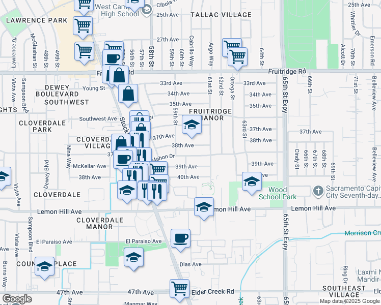 map of restaurants, bars, coffee shops, grocery stores, and more near 6000 38th Avenue in Sacramento