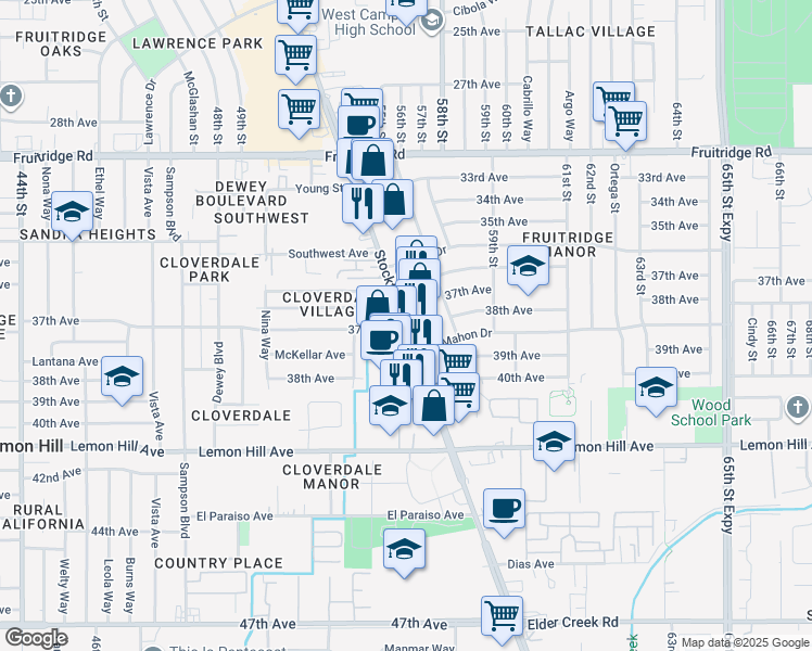 map of restaurants, bars, coffee shops, grocery stores, and more near Stockton Boulevard & 37th Avenue in Sacramento