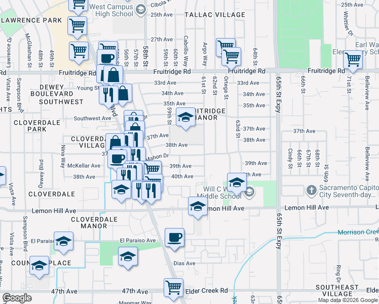 map of restaurants, bars, coffee shops, grocery stores, and more near 6000 38th Avenue in Sacramento