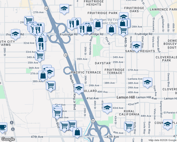 map of restaurants, bars, coffee shops, grocery stores, and more near 3911 37th Avenue in Sacramento