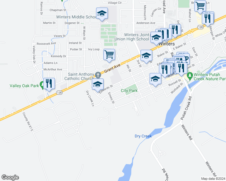 map of restaurants, bars, coffee shops, grocery stores, and more near 432 Edwards Street in Winters