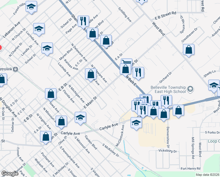 map of restaurants, bars, coffee shops, grocery stores, and more near in Belleville