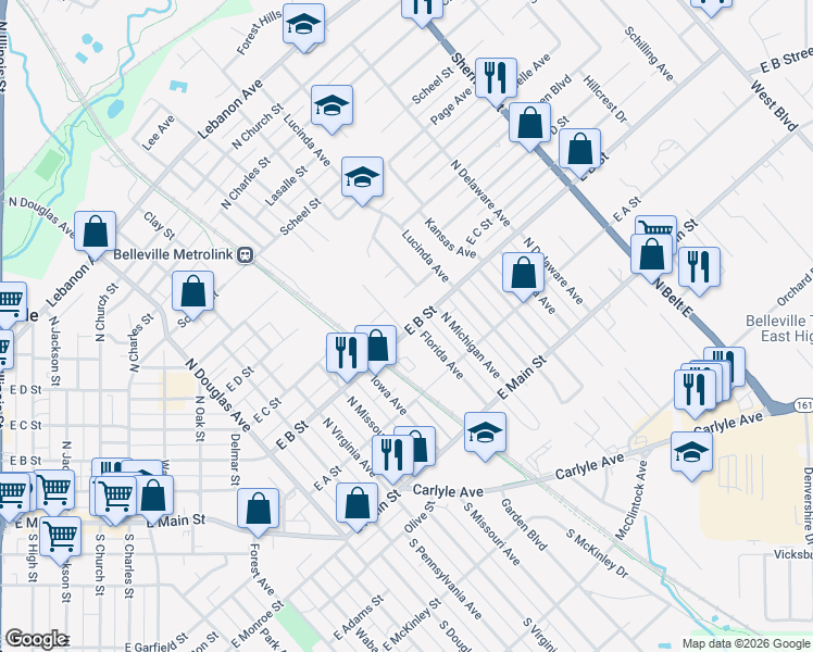 map of restaurants, bars, coffee shops, grocery stores, and more near 212 Florida Avenue in Belleville