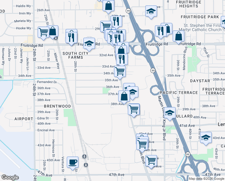 map of restaurants, bars, coffee shops, grocery stores, and more near 3301 37th Avenue in Sacramento