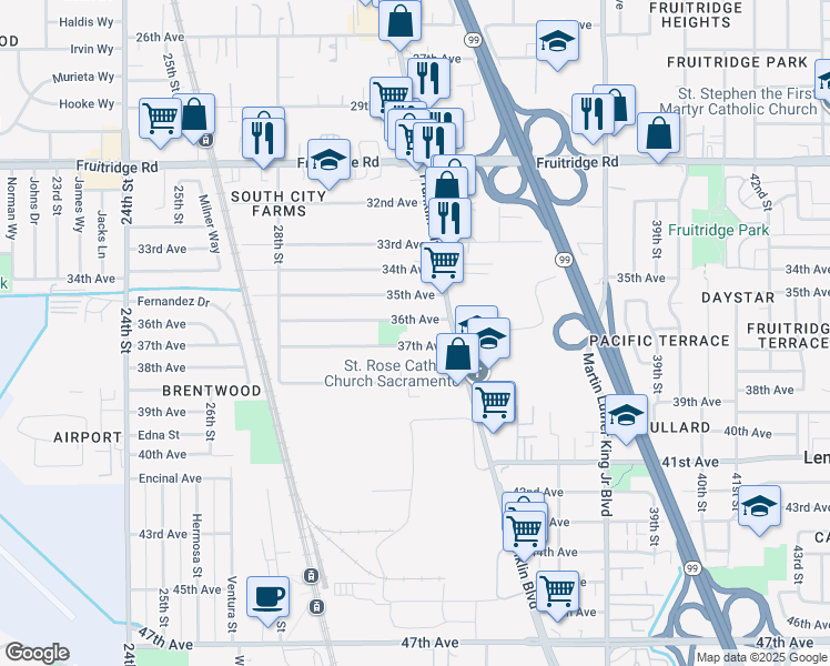map of restaurants, bars, coffee shops, grocery stores, and more near 3301 37th Avenue in Sacramento