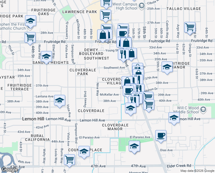 map of restaurants, bars, coffee shops, grocery stores, and more near 5126 Thurman Way in Sacramento