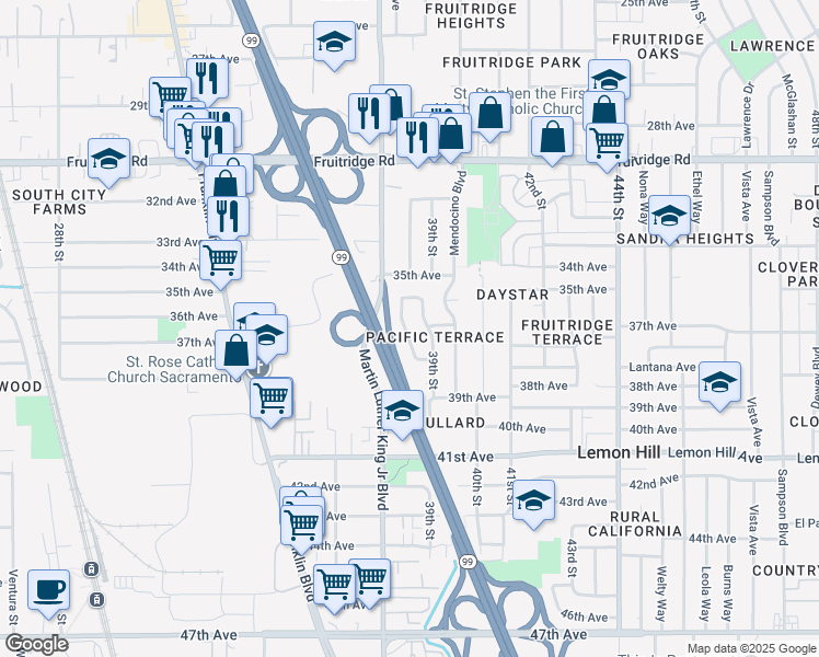 map of restaurants, bars, coffee shops, grocery stores, and more near 5848 Mascot Avenue in Sacramento