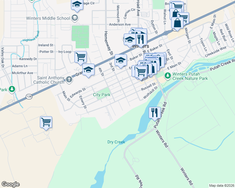 map of restaurants, bars, coffee shops, grocery stores, and more near 306 Main Street in Winters