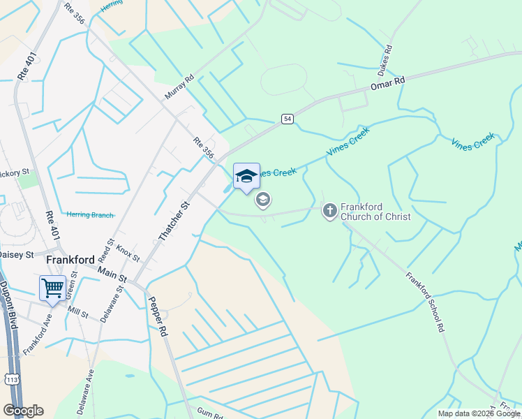 map of restaurants, bars, coffee shops, grocery stores, and more near 30207 Frankford School Road in Frankford