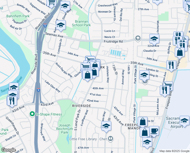 map of restaurants, bars, coffee shops, grocery stores, and more near 5897 South Land Park Drive in Sacramento