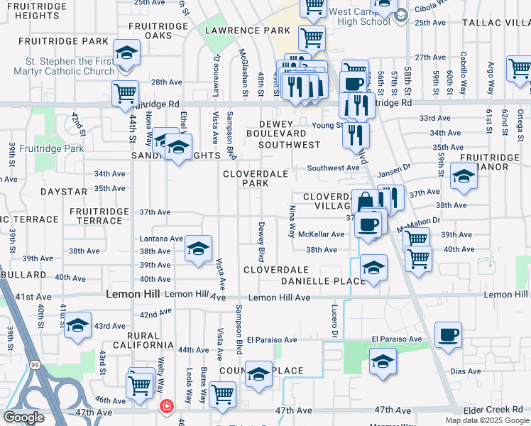 map of restaurants, bars, coffee shops, grocery stores, and more near 5881 Dewey Boulevard in Sacramento