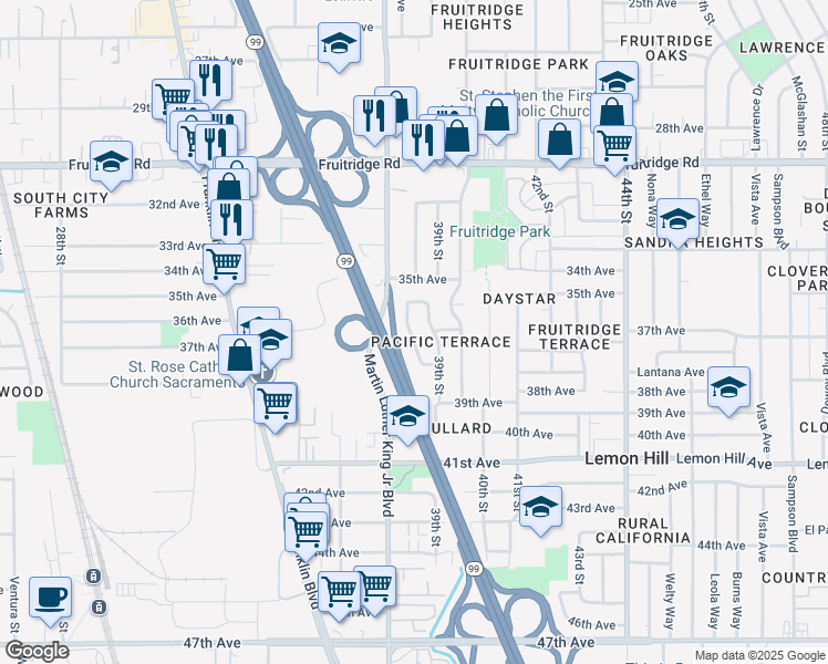 map of restaurants, bars, coffee shops, grocery stores, and more near 5848 Mascot Avenue in Sacramento