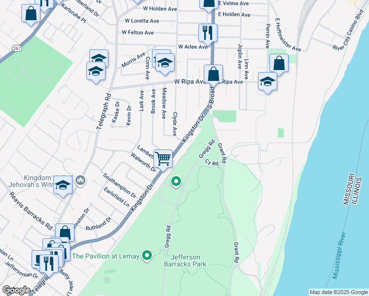 map of restaurants, bars, coffee shops, grocery stores, and more near 164 Kingston Drive in St. Louis