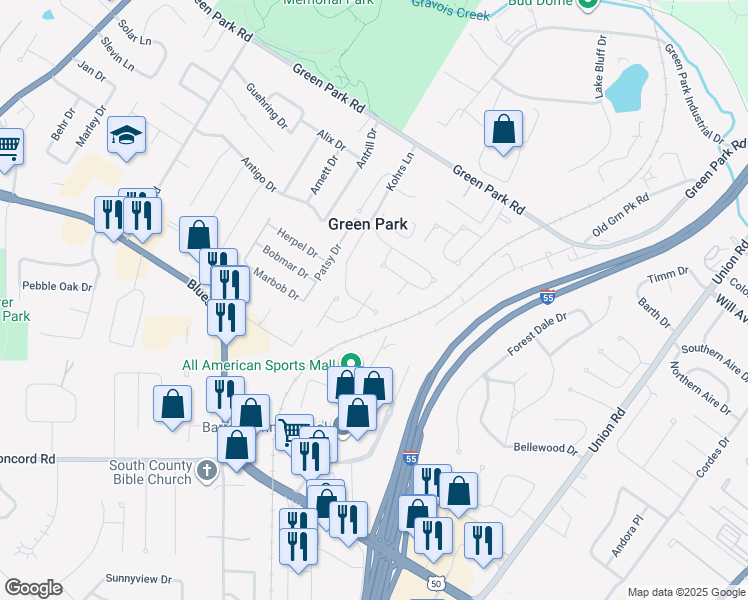 map of restaurants, bars, coffee shops, grocery stores, and more near 9410 Green Park Valley Drive in St. Louis