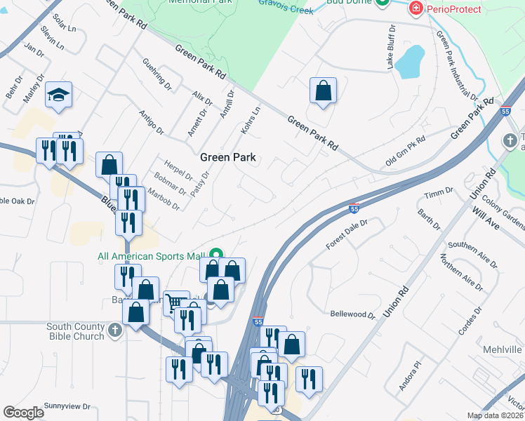 map of restaurants, bars, coffee shops, grocery stores, and more near 9357 Southtowne Farms Drive in St. Louis