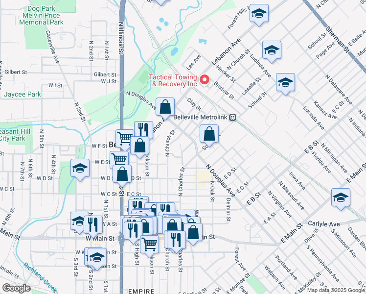 map of restaurants, bars, coffee shops, grocery stores, and more near 605 North Charles Street in Belleville