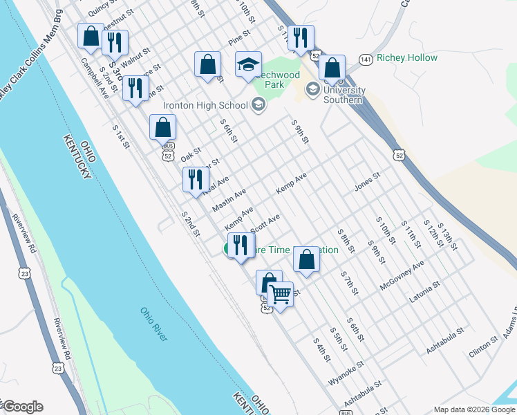 map of restaurants, bars, coffee shops, grocery stores, and more near 2103 South 5th Street in Ironton