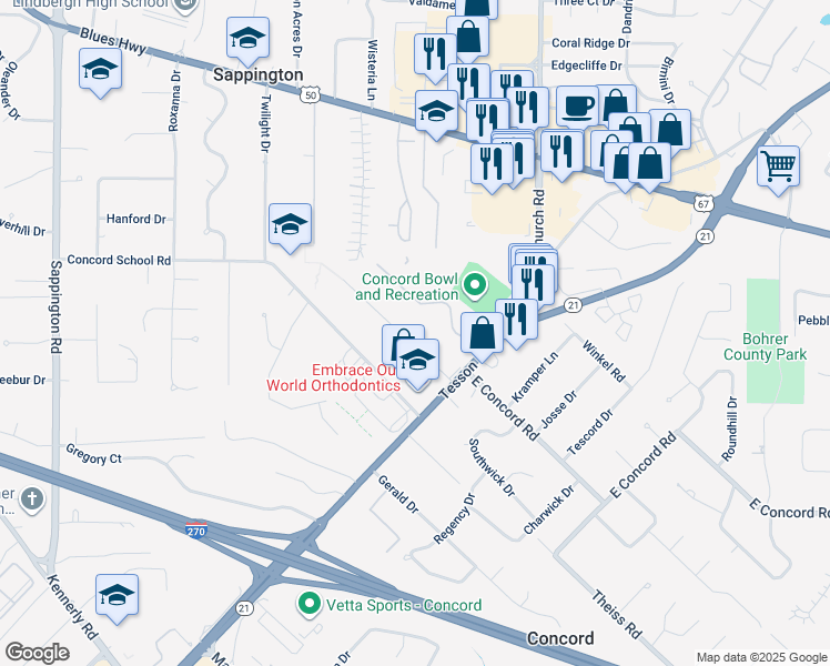map of restaurants, bars, coffee shops, grocery stores, and more near 10049 Meadowfield Lane in Sappington