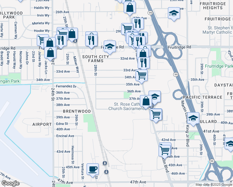 map of restaurants, bars, coffee shops, grocery stores, and more near 3030 36th Avenue in Sacramento