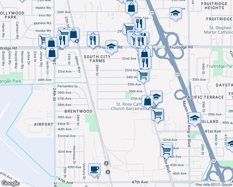 map of restaurants, bars, coffee shops, grocery stores, and more near 3030 36th Avenue in Sacramento