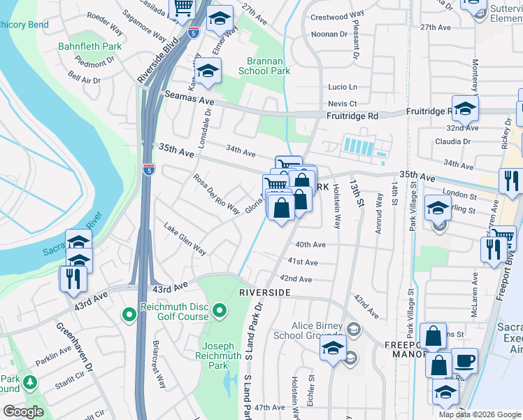 map of restaurants, bars, coffee shops, grocery stores, and more near 5875 Gloria Drive in Sacramento