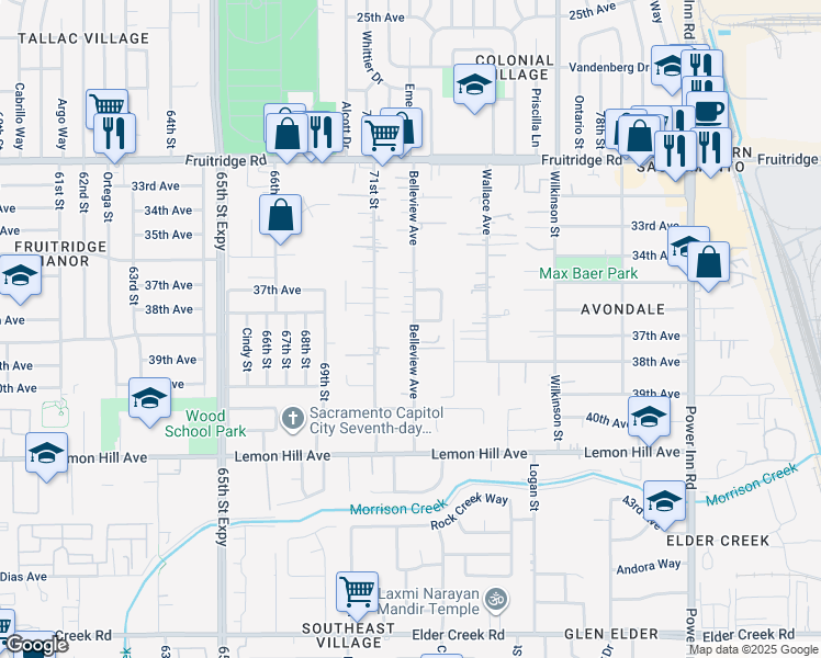 map of restaurants, bars, coffee shops, grocery stores, and more near 5866 Belleview Avenue in Sacramento