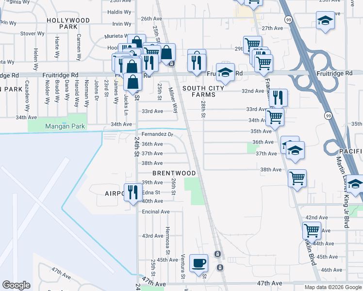 map of restaurants, bars, coffee shops, grocery stores, and more near 2509 Fernandez Drive in Sacramento