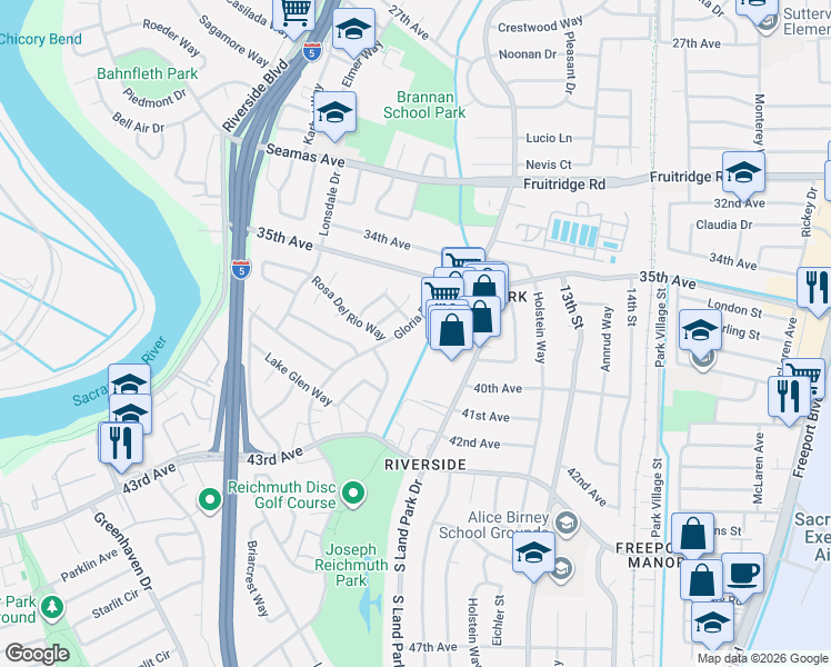 map of restaurants, bars, coffee shops, grocery stores, and more near 5875 Gloria Drive in Sacramento