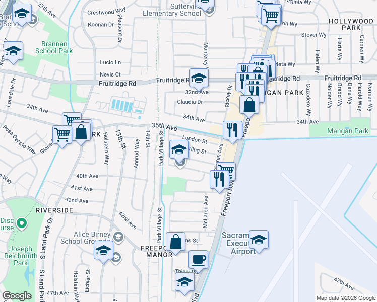 map of restaurants, bars, coffee shops, grocery stores, and more near 1454 Sterling Street in Sacramento