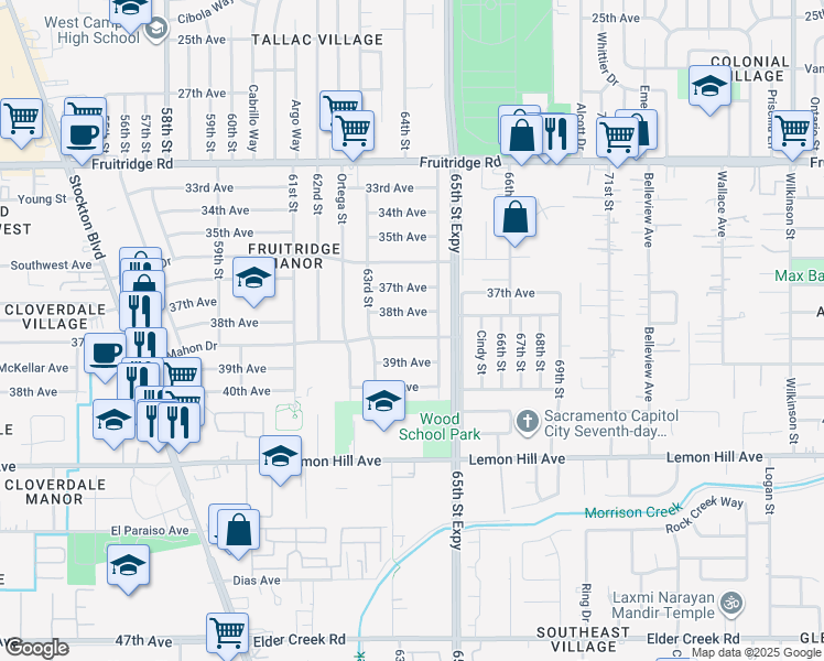 map of restaurants, bars, coffee shops, grocery stores, and more near 6337 McMahon Drive in Sacramento