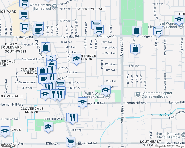 map of restaurants, bars, coffee shops, grocery stores, and more near 5863 62nd Street in Sacramento