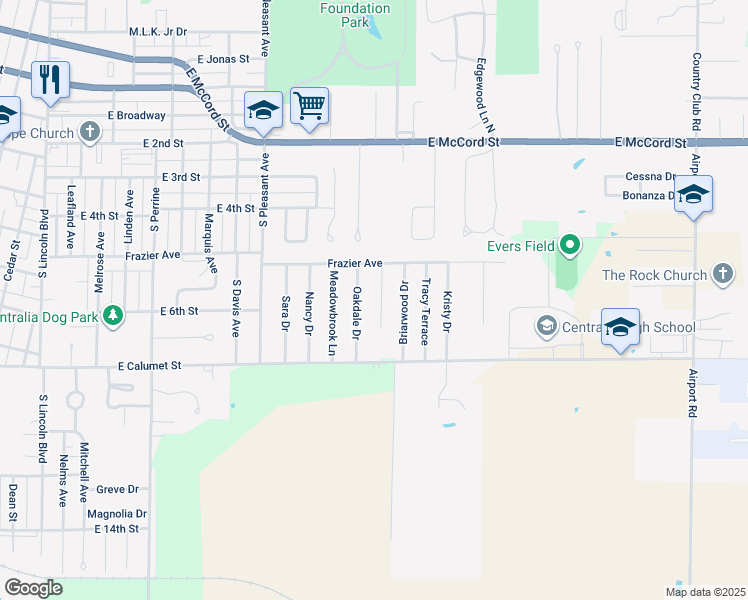 map of restaurants, bars, coffee shops, grocery stores, and more near 501-645 Oakdale Drive in Centralia