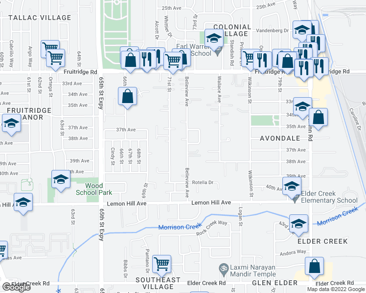 map of restaurants, bars, coffee shops, grocery stores, and more near 5866 Belleview Avenue in Sacramento