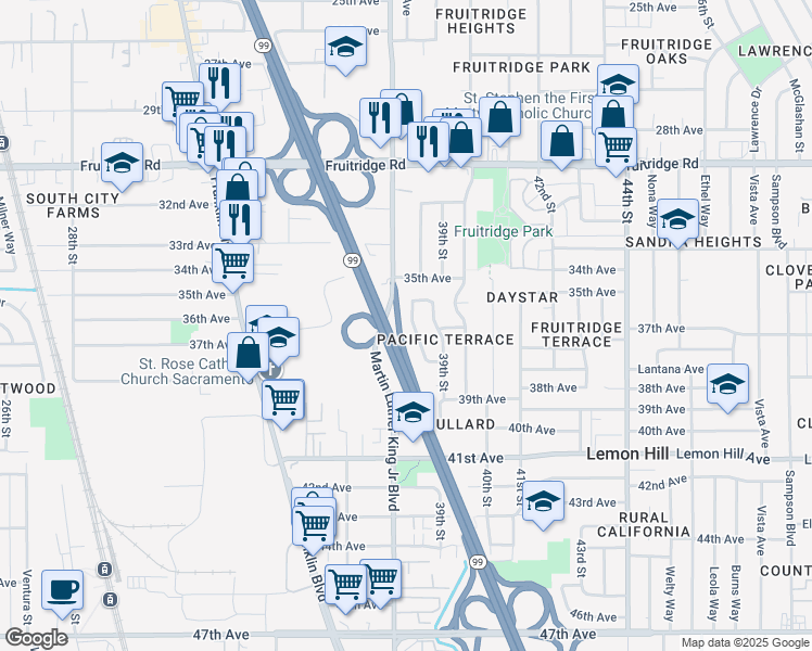 map of restaurants, bars, coffee shops, grocery stores, and more near 5848 Mascot Avenue in Sacramento