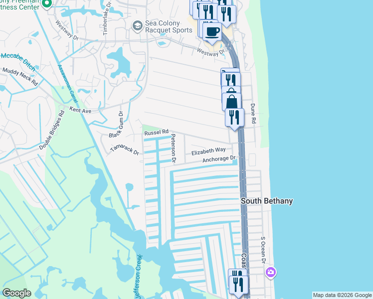 map of restaurants, bars, coffee shops, grocery stores, and more near 14 Cleveland Avenue in Bethany Beach