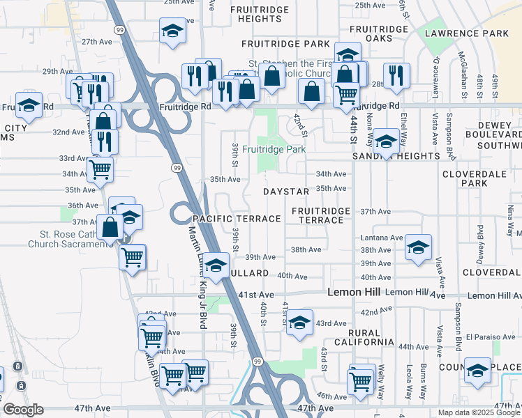 map of restaurants, bars, coffee shops, grocery stores, and more near 5834 40th Street in Sacramento