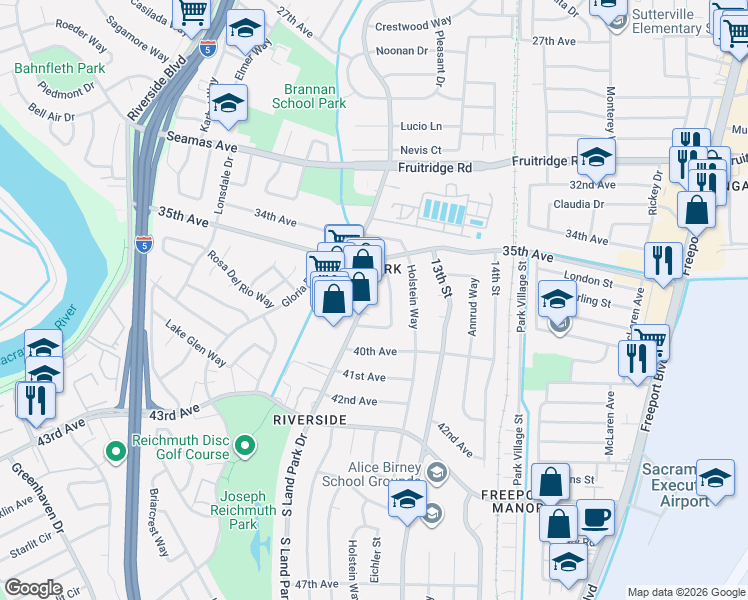map of restaurants, bars, coffee shops, grocery stores, and more near 5899 South Land Park Drive in Sacramento