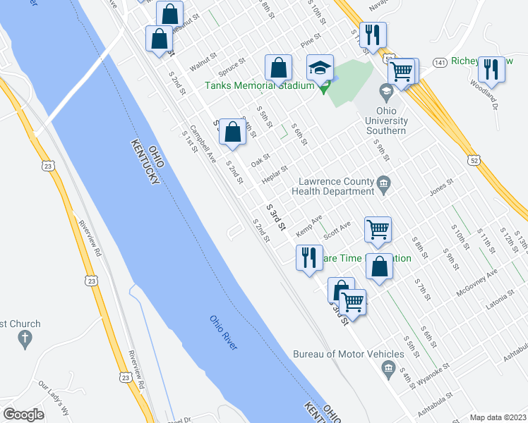 map of restaurants, bars, coffee shops, grocery stores, and more near 1908 South 3rd Street in Ironton