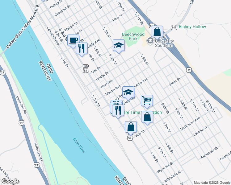 map of restaurants, bars, coffee shops, grocery stores, and more near 2009 South 4th Street in Ironton