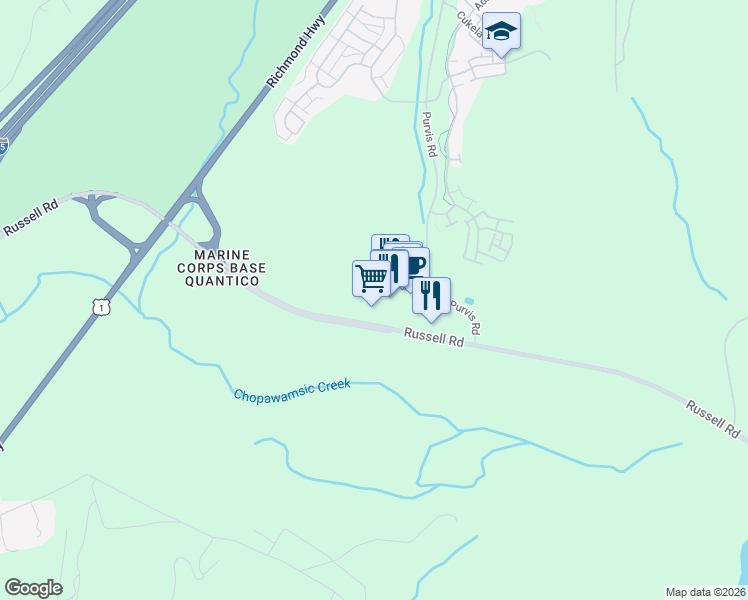map of restaurants, bars, coffee shops, grocery stores, and more near 3500 Russell Rd in Quantico Station