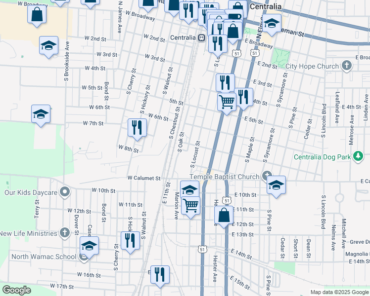 map of restaurants, bars, coffee shops, grocery stores, and more near 115 East 7th Street in Centralia