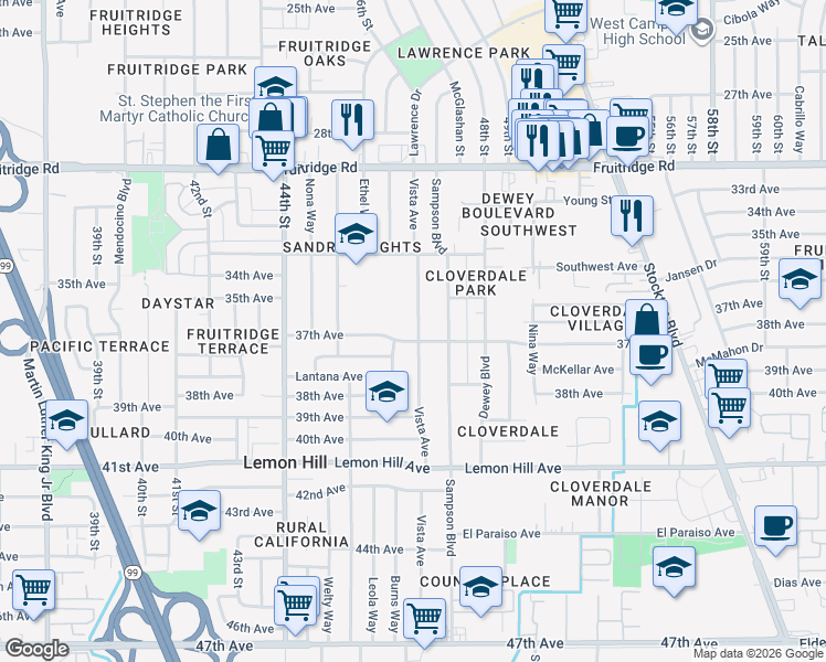 map of restaurants, bars, coffee shops, grocery stores, and more near 5842 Vista Avenue in Sacramento