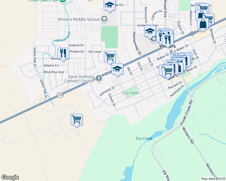 map of restaurants, bars, coffee shops, grocery stores, and more near 432 Edwards Street in Winters
