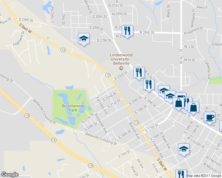 map of restaurants, bars, coffee shops, grocery stores, and more near 416 South 23rd Street in Belleville